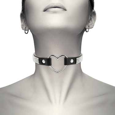 Collare BDSM Donna in Pelle Vegana con Cuore e Strass - Nero Regolabile